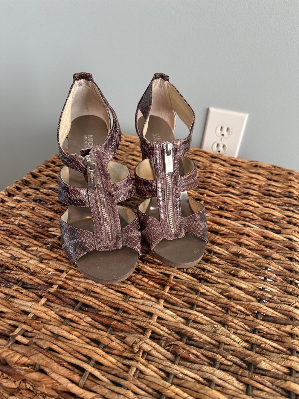 MICHAEL Michael Kors Brown Snake-Print Zip Front Strappy Heels